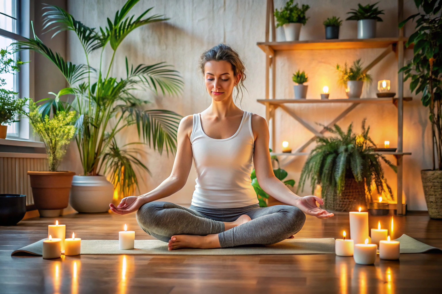 Eine Person sitzt im Lotussitz auf einer Yoga-Matte in einem hell erleuchteten Raum, umgeben von Kerzen und Pflanzen, mit geschlossenen Augen und entspanntem Gesichtsausdruck
