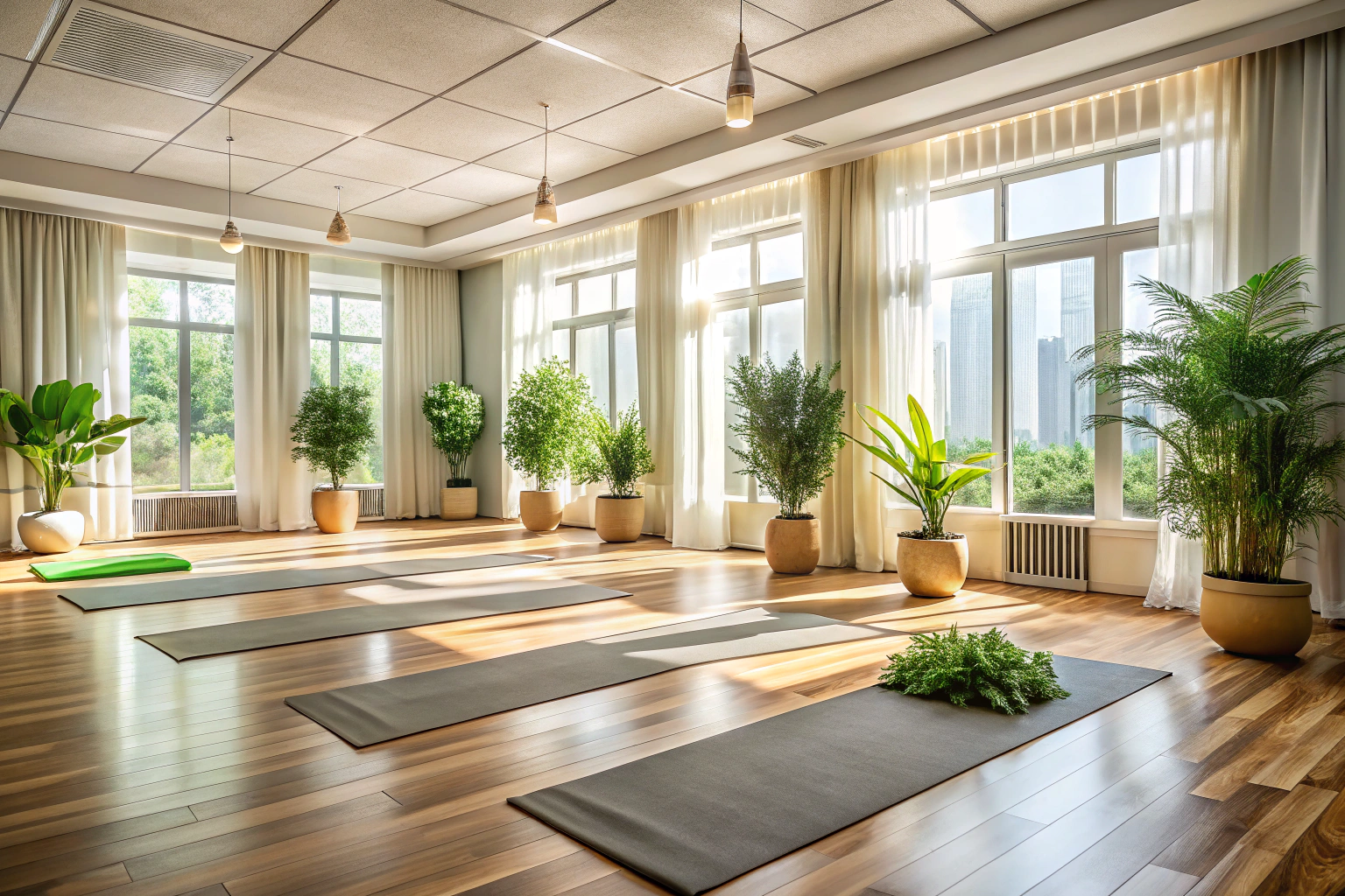 Eine ruhige, natürliche Szene eines Yoga-Raums mit diffusem Tageslicht, wo mehrere leere Yogamatten auf einem hellen Holzboden liegen, umgeben von dezenten grünen Pflanzen und einem großen Fenster mit weißen Vorhängen, das eine beruhigende Atmosphäre vermittelt
