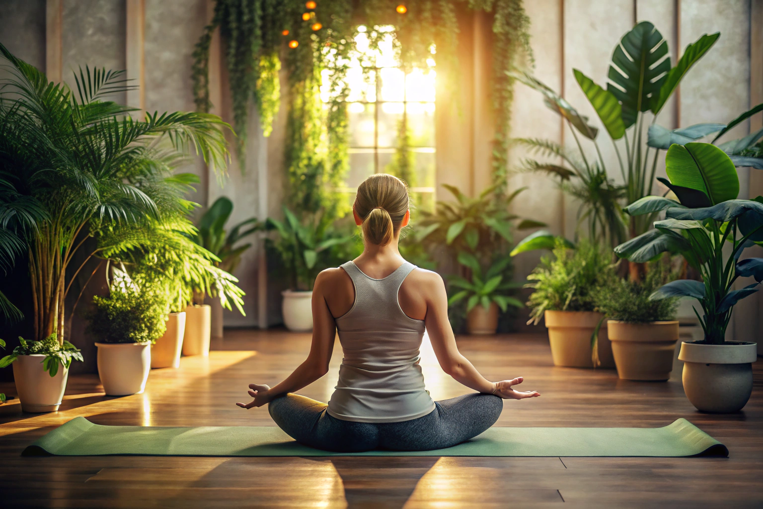Eine friedliche Yoga-Szene mit einer Person in einer entspannten Pose auf einer Matte, umgeben von dezenten Pflanzen, bei sanftem Licht, ohne erkennbare Gesichter oder Markierungen