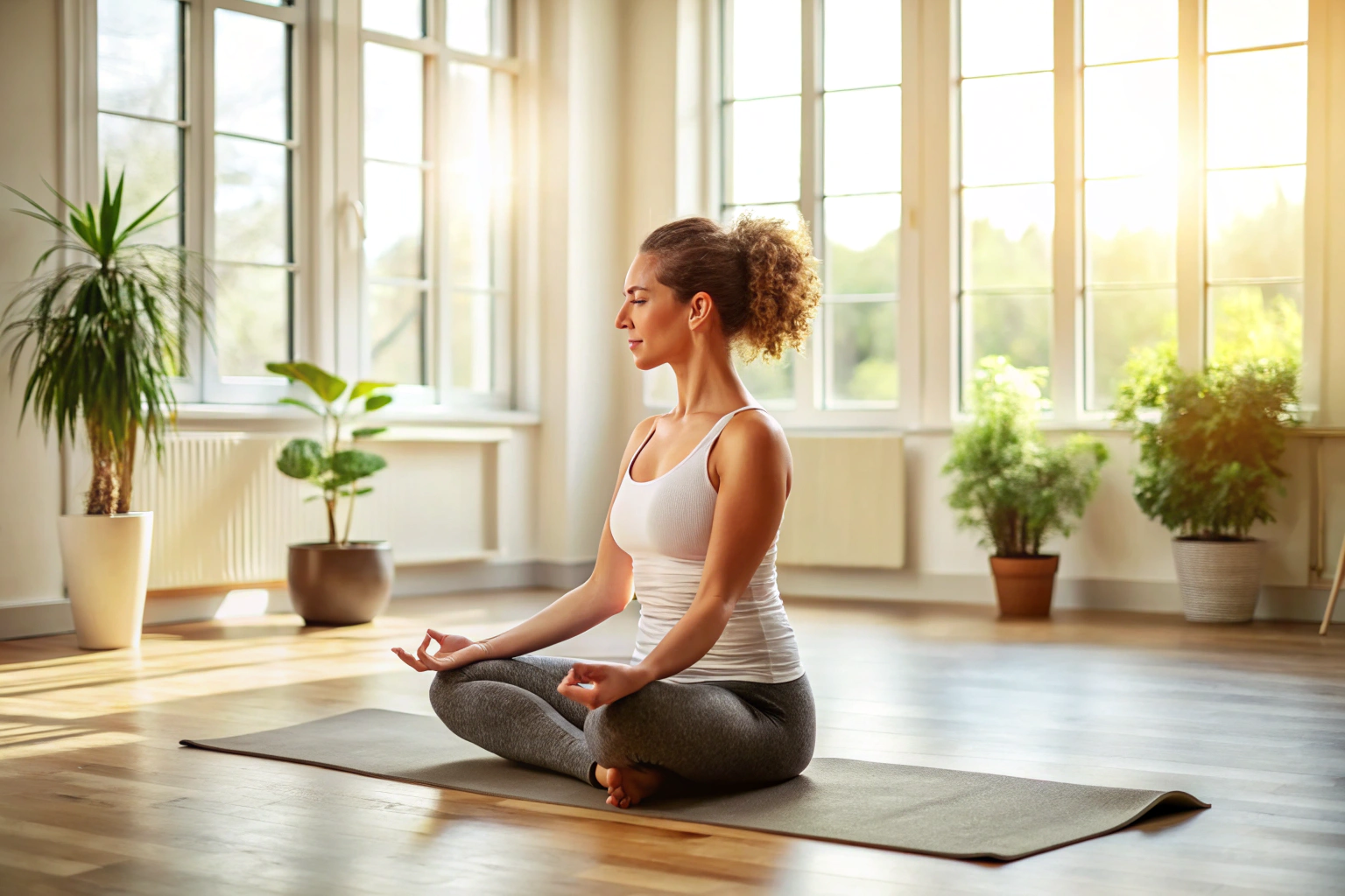 Eine Person in einer neutralen Yoga-Haltung auf einer Matte in einem ruhigen, hell erleuchteten Raum ohne Ablenkungen
