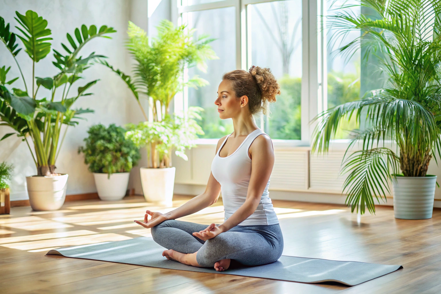 Eine Person in einer entspannten Yoga-Position, sitzend auf einer Matte in einem hellen Raum mit dezenten Pflanzen im Hintergrund, ohne erkennbare Markierungen oder Text
