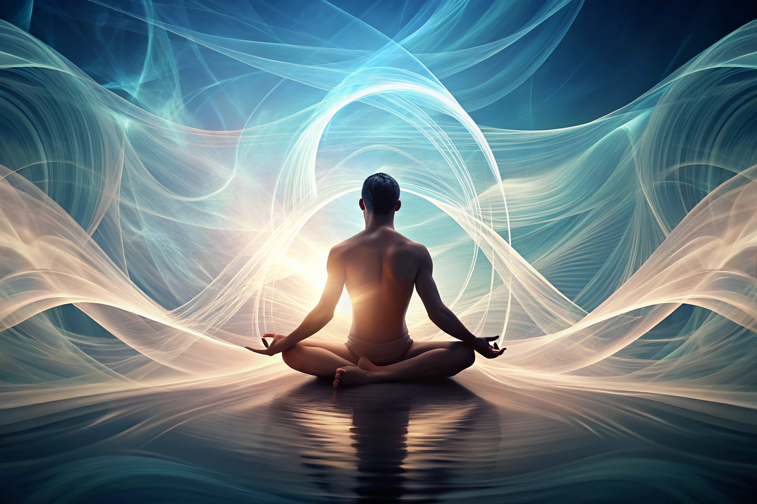 Eine abstrakte Darstellung einer Person in Meditationshaltung, umgeben von sanften, fließenden Linien, die den Atem symbolisieren, in einer ruhigen, natürlichen Umgebung mit gedämpften Farben